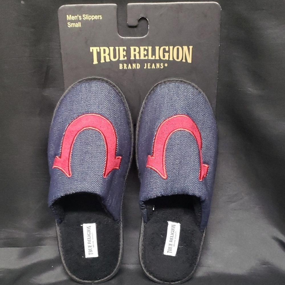 True Religion NWT Men's Dark Blue Denim Plush Lined with Logo Slippers, Small